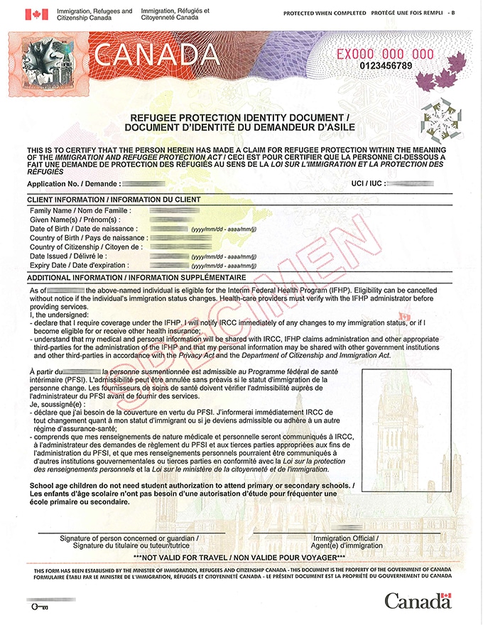 Refugee Protection Identity Document with information about the claimant (name, date of birth etc), as with as the unique client ID number, a photo of the claimant and additional information about eligibility for Interim Federal Health Program.